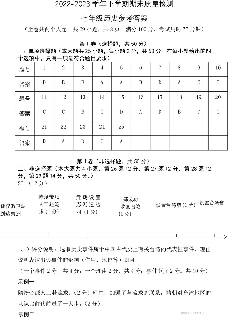 2022-2023学年下学期质量检测七年级历史学科参考答案