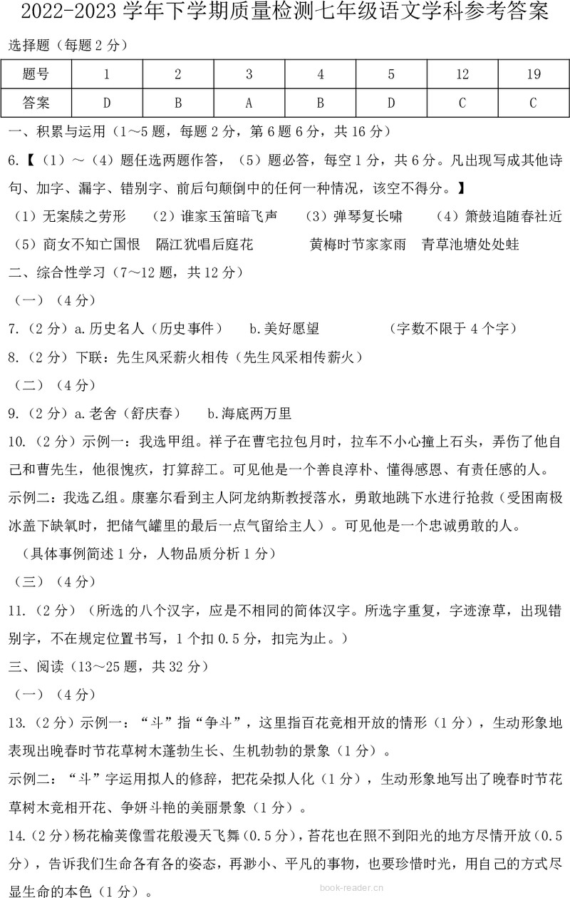 2022-2023学年下学期质量检测七年级语文学科参考答案 (2)
