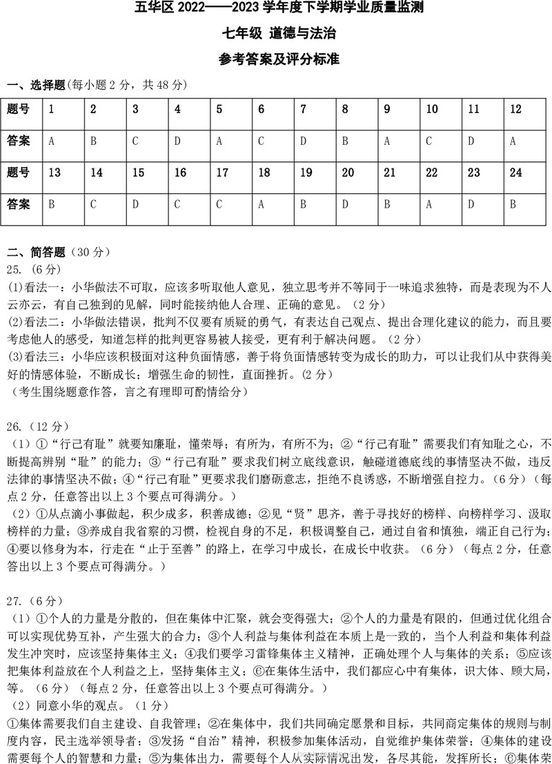 2022-2023学年下学期质量检测七年级道德与法治学科参考答案